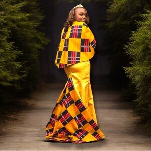 Custom Yellow/Gold/Multi Kente African Print Embellished Gown &  Cape Set Sz.
